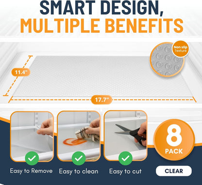 Refrigerator Liners for Shelves (8 Pack) by Linda’S Essentials - Non-Adhesive Drawer and Shelf Liner, Bpa-Free Fridge Mats for Kitchen & Cabinets, Easy to Clean, Ideal Household Essentials (Clear)2