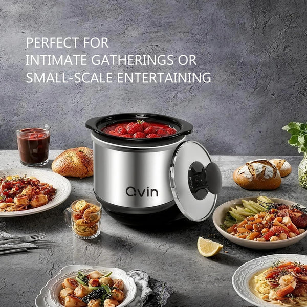 0.65Qt Mini round Slow Cooker, Fondue Melting Pot Warmer 20 Oz | Small Slow Cooker for Dips,Dishwasher-Safe 20Oz Stoneware,Sauce Warmer,Crock Glass Lid,Serve 1-2 Person,Stainless Steel,Black2