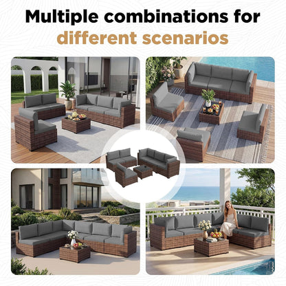 Patio Furniture Set with Rain Cover,7 Pieces Outdoor Wicker Rattan Patio Furniture, Wicker Rattan Outdoor Sectional Sofa Set with Coffee Table for Garden, Poolside Taupe-Grey7