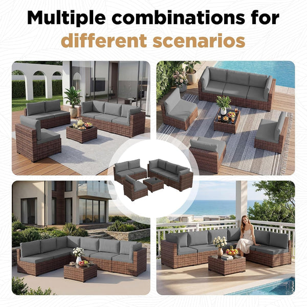 Patio Furniture Set with Rain Cover,7 Pieces Outdoor Wicker Rattan Patio Furniture, Wicker Rattan Outdoor Sectional Sofa Set with Coffee Table for Garden, Poolside Taupe-Grey7