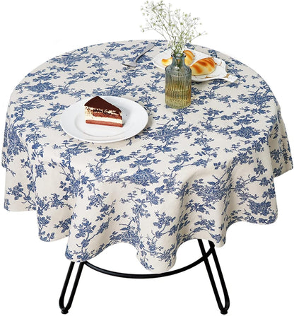 Cotton Linen round Tablecloth, Blue Floral Table Cloth round 48"7