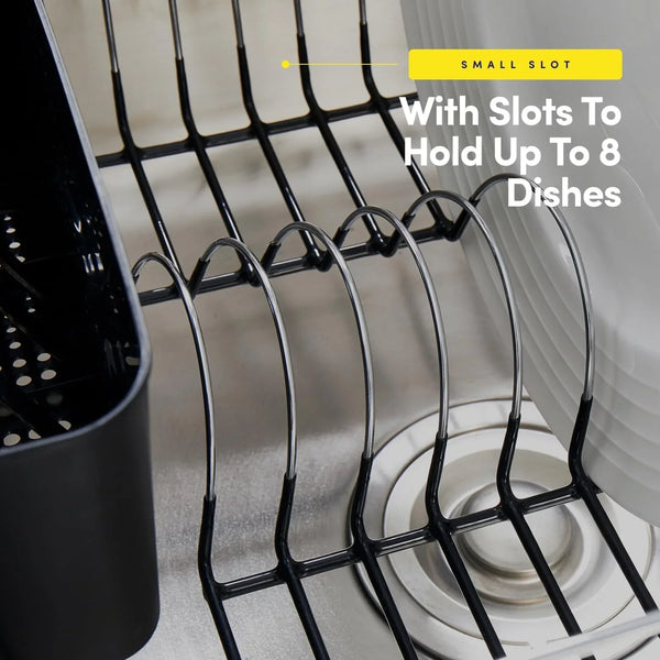 2 Piece Dish Drying Rack Set Drainer with Utensil Holder Simple Easy to Use Fits in Most Sinks, 14.5" X 13" X 5.25", Black5