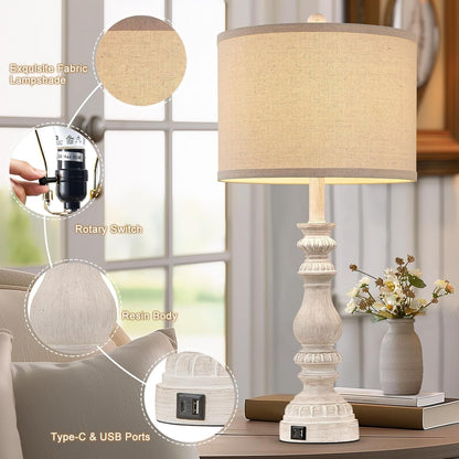 28.5" Tall Farmhouse Table Lamps Set of 2 for Living Room Rustic Bedside Lamps with USB C+A Traditional Lamp for Bedroom Nightstand Office Hallway, Washed White, Rotary Switch, Bulb Not Included5