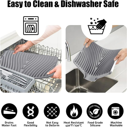 Silicone Dish Drying Mat for Kitchen Counter, Grey-1Pcs, 16" X 12" | Heat Resistant & Non-Slip Dish Drain Pad with Built-In Drain, Dishwasher Safe, Quick-Dry, Hangable & Roll-Up for Storage5