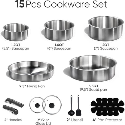 15Pcs Tri-Ply Stainless Steel Cookware Set with Detachable Handle | Pots and Pans Set, Even Heating, Non-Toxic, Induction Compatible, Dishwasher& Oven Safe, Space Saving, Camping Cooking2