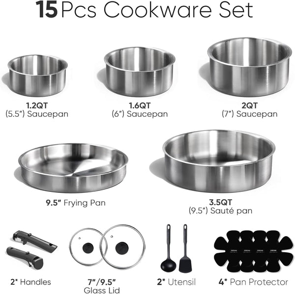 15Pcs Tri-Ply Stainless Steel Cookware Set with Detachable Handle | Pots and Pans Set, Even Heating, Non-Toxic, Induction Compatible, Dishwasher& Oven Safe, Space Saving, Camping Cooking2