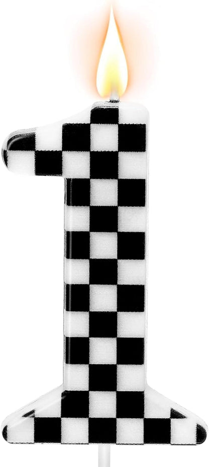 Racing Car Themed Birthday Candles, Number 1 Checkered Candles, Black & White Checkered Cake Topper, Cool Racing Themed Party Supplies, Special Candle1