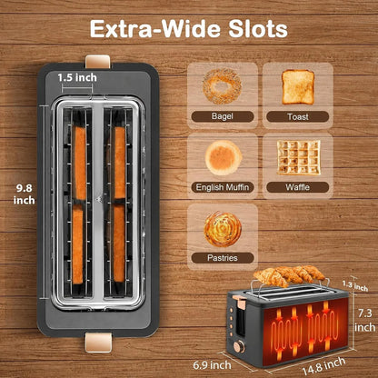 4 Slice Toaster, Long Slot Toaster with Warming Rack, Timer, Bagel, Defrost, Reheat Functions, Crumb Tray, 6 Browning Settings, Extra Wide Long Slots, Stainless Steel, 1300W, Grey3