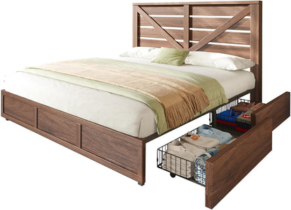 King Size Farmhouse Storage Bed Frame with Headboard & 4 Drawers8