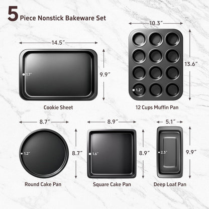 Baking Pans Set, 5-Piece Nonstick Bakeware Sets, Black | Kitchen Cookware Sets Baking Supplies with Round/Square Cake Pan, Muffin Loaf Roast Pan, Baking Sheets for Oven, Black2