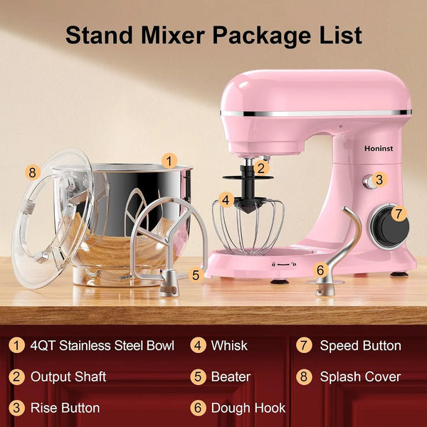 4QT Electric Stand Mixer, 10-Speed Tilt-Head Compact Kitchen Mixer | Multiple Stylish Colors | Food Mixer with Dough Hook & Beater & Whisk | for Cake & Bread | Dishwasher-Safe | Pink2