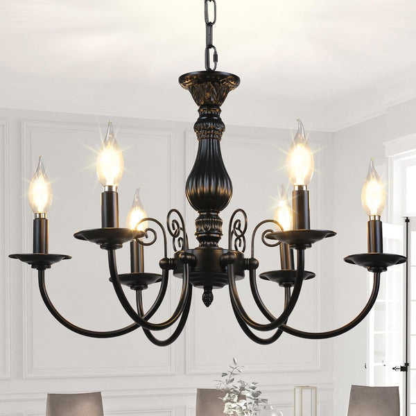 6-Light Farmhouse Chandelier for Dinning Room,Vintage Black Candle Hanging Pendant Light, Rustic Island Candle Chandelier for Living Room,Bedroom,Entryway Foyer, Ceiling Hanging Lamp1