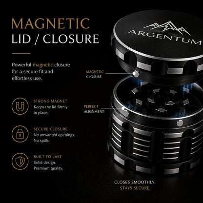 ARGENTUM 2.5 Inch Manual Herb & Spice Grinder Mill - 4 Piece Small Aluminum Kitchen Grinder for Salt, Pepper, Seasonings with Magnetic Lid, Steel Sieve, Cleaning Brush - Compact Food Prep Tool2