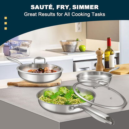 Tri-Ply Stainless Steel Frying Pans Set with Lid,  8”/10”/12” Cooking Pans, PFOA&PTFE Free Skillet, Induction Cooking Pan, Dishwasher and Oven Safe, Fast & Even Heat, Suitable for All Stove2