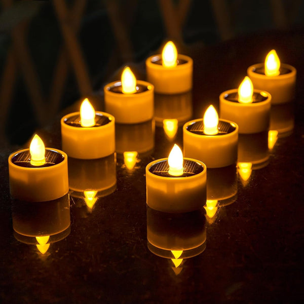 Solar Tea Lights Outdoor Waterproof, 8Pcs Rechargeable Dusk to Dawn Little Solar Votive Candles, Flameless Flickering Small Light for Lantern Window DIY Chandelier Patio Deck Garden Decor (Warm Amber)1