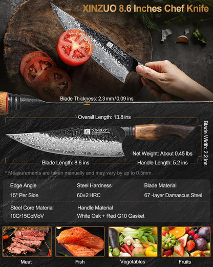 8.6 Inch Professional Damascus Chefs Knife,67 Layers Damascus Steel Kitchen Knife,10Cr15Comov Steel Core,Very Sharp for Vegetables Meat Cutting for Home Kitchen,Burnt White Oak Wood Handle6
