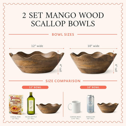 Premium Acacia Salad Bowl Set - Natural Finish, 10In and 12In, 2-Set2
