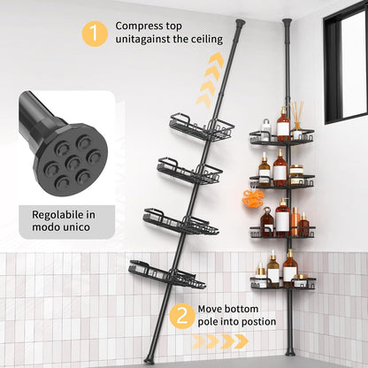 Tension Pole Shower Caddy Corner for Bathroom, Adjustable 25In-114In Floor to Ceiling, Standing Shower Tension Rod Organizer, 4 Tier Storage Shelves with Hooks, Black7