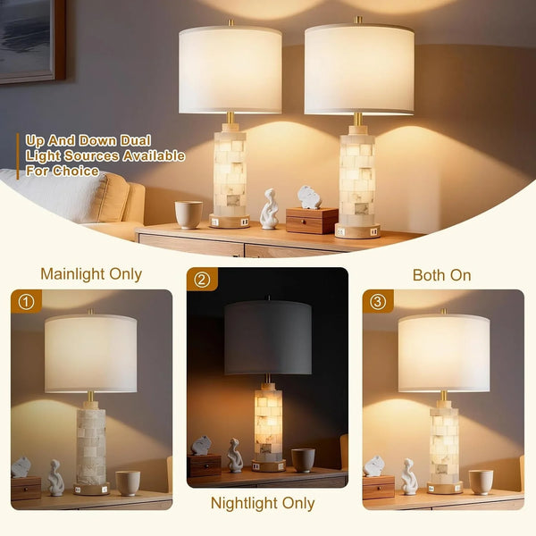 27" Alabaster and Wood Table Lamps Set of 2 with Night Light | Nightstand Lamps with USB Ports, White Linen Fabric Shade, Bedside Lamp for Living Room Bedroom Home Office Hotel Bar House3