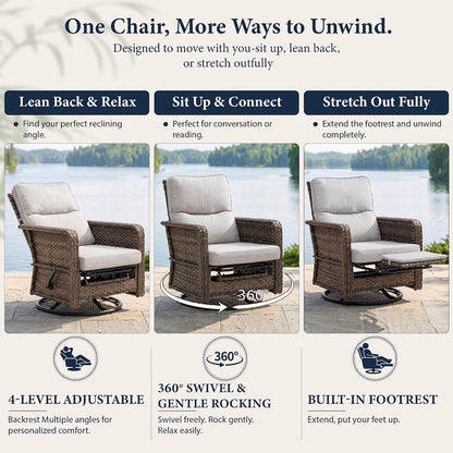 3 Piece Patio Furniture Set, Swivel Rocking Recliner Chairs with Footrests3