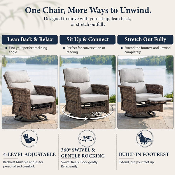 3 Piece Patio Furniture Set, Swivel Rocking Recliner Chairs with Footrests3