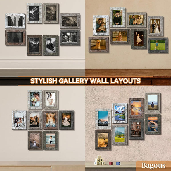 5X7 Picture Frames Set of 8, Vintage Rustic Farmhouse Industrial Style Photo Frames, High Definition Real Glass, for Tabletop or Wall Hanging3