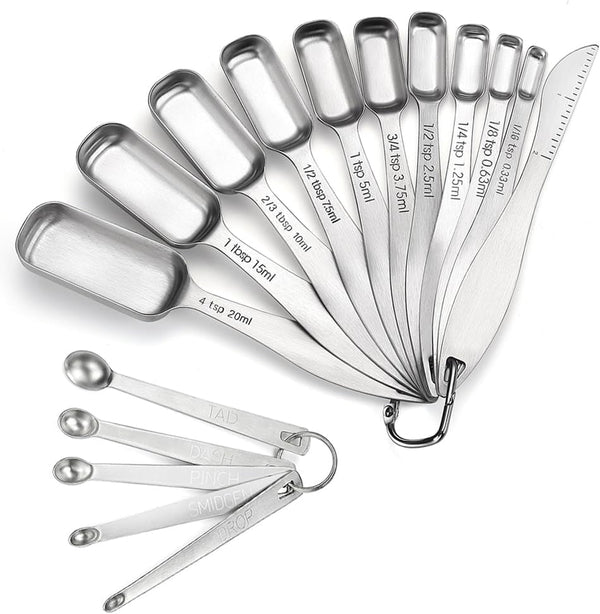 18/8 Stainless Steel Measuring Spoons Set of 16 Pieces, Includes 10 Narrow, 1 Leveler and 5 Mini Spoons1
