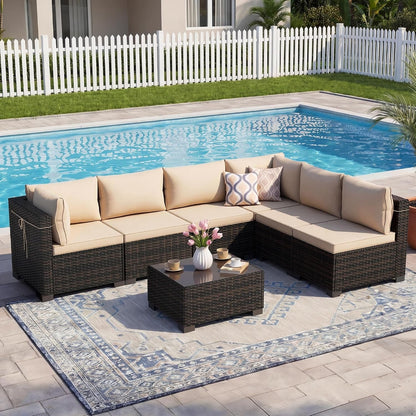7 Pieces Outdoor Patio Furniture Sets,Rattan Conversation Sectional Set,Manual Weaving Wicker Patio Sofa with Tea Table7