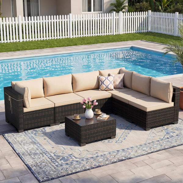 7 Pieces Outdoor Patio Furniture Sets,Rattan Conversation Sectional Set,Manual Weaving Wicker Patio Sofa with Tea Table7