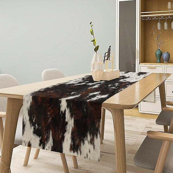 Cow Skin Print Table Runner, Cotton Linen Rustic Cottage Country Farm Animal Fur Skin Pattern Western Style Black Brown Cowhide Print Dinner Runner for Home Kitchen Dining Table Decoration 13"X36"2
