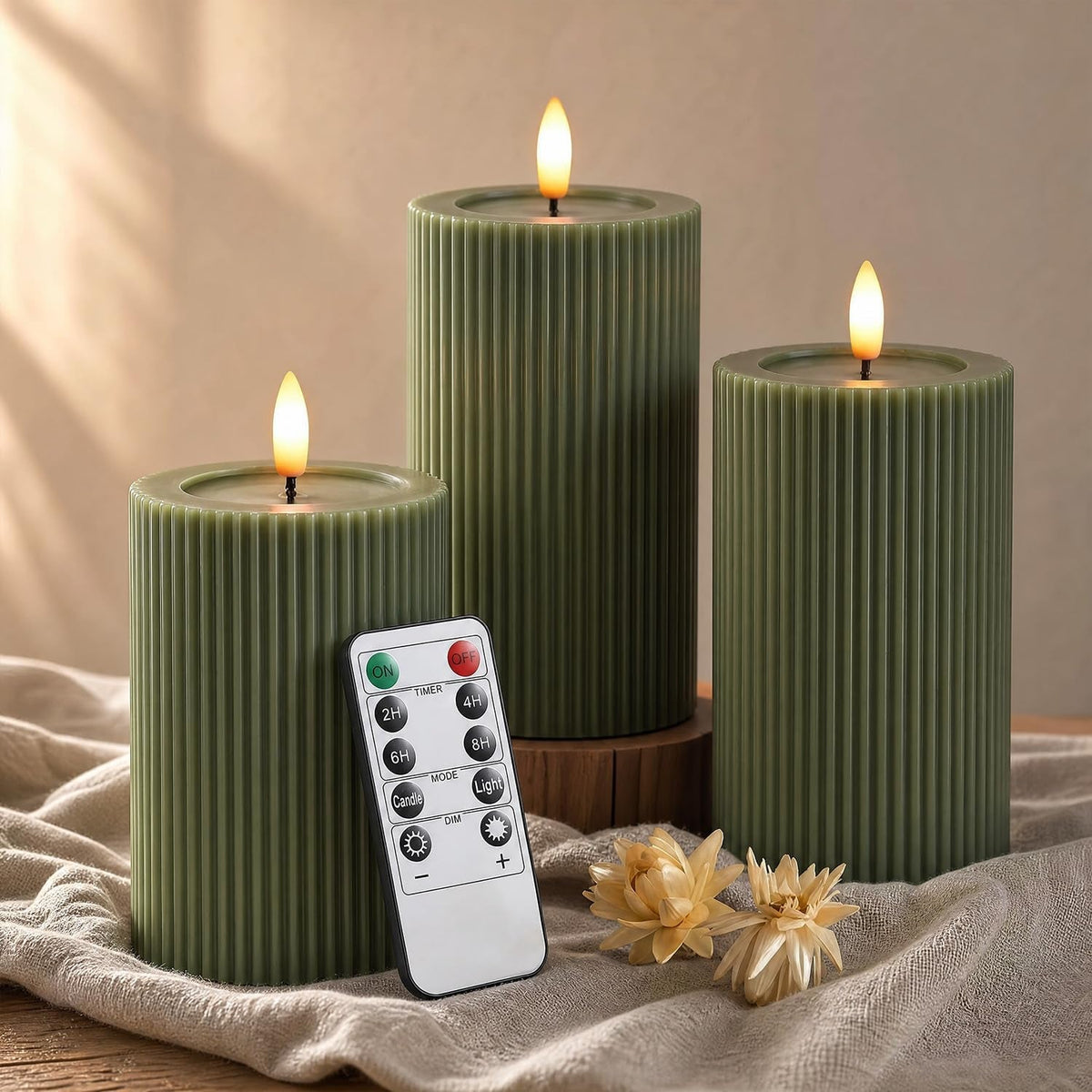 ribbed-fluted-real-wax-flameless-led-pillar-candles-loden-sage-olive-green-melted-wax-top-look-flickering-flame-battery-operated-remote-timer-shelf-wedding-decor-set-of-3