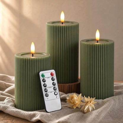 Ribbed Fluted Real Wax Flameless LED Pillar Candles, Loden Sage Olive Green, Melted-Wax Top Look, Flickering Flame, Battery Operated, Remote & Timer, Shelf & Wedding Decor (Set of 3)1