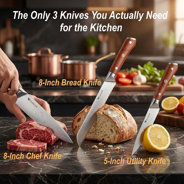 3-Piece Natural Rosewood Handle Kitchen Knife Set W/Bread Knife | Luxury Chef/Bread/Utility Knife Set, Razor-Sharp 5Cr15Mov Steel Blades, Premium Rosewood Handles, Ergonomic Non-Slip Grip2