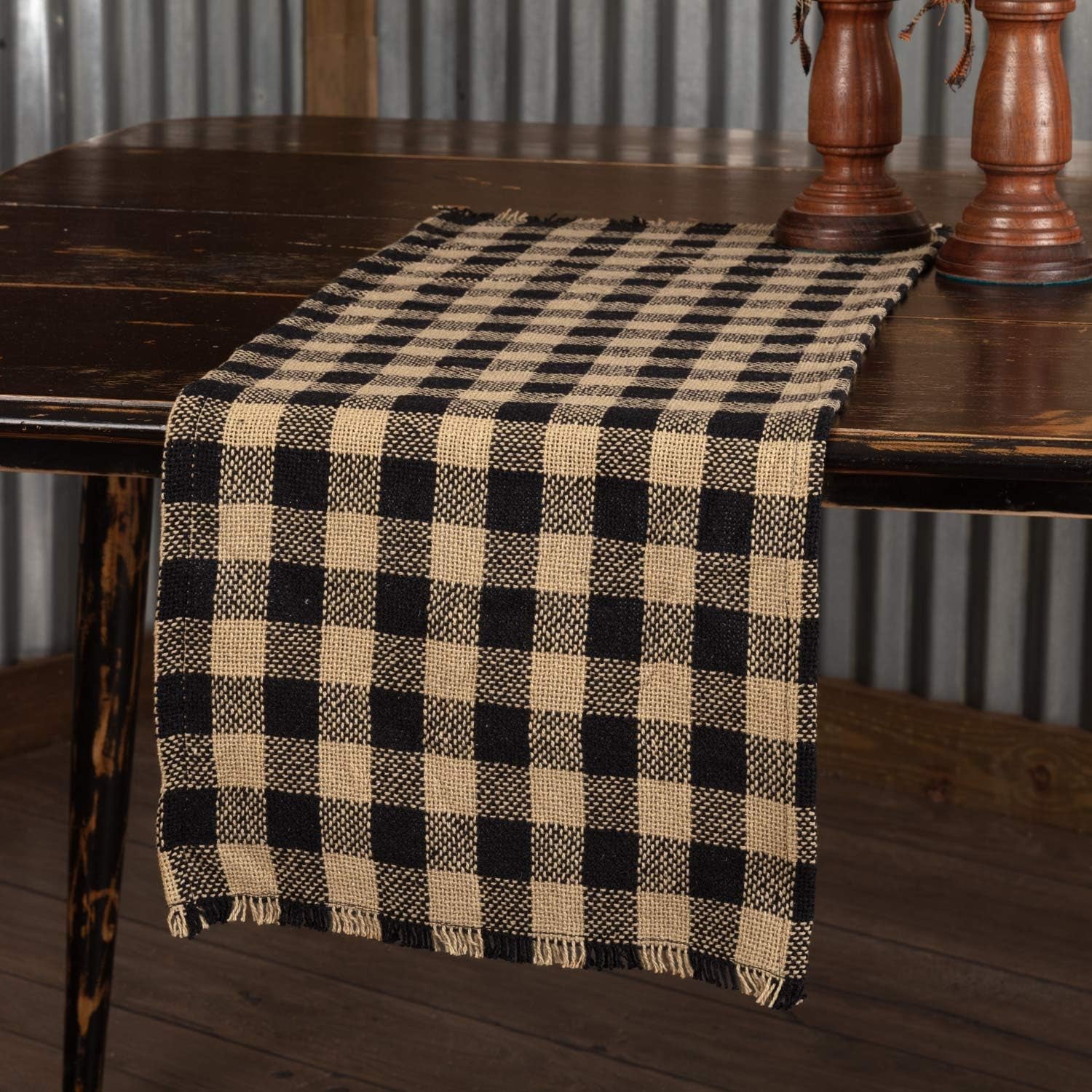 burlap-black-check-runner-fringed-13x48-country-rustic-kitchen-tabletop-design-black-and-tan
