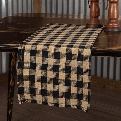 Burlap Black Check Runner Fringed 13X48 Country Rustic Kitchen Tabletop Design, Black and Tan1