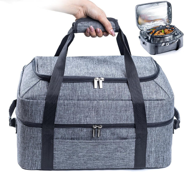 Double-Layer Slow Cooker Carrying Bag for 6-8 Quart Crockpot and Hamilton Beach Slow Cookers, Travel Bag with Lid Fastener for Crock-Pot, Portable Carrier Case, Grey1