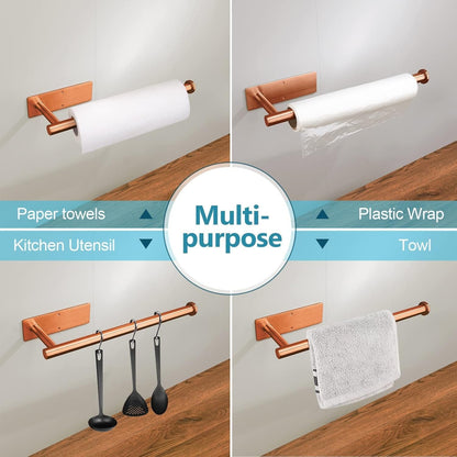 Paper Towel Holder - Self Adhesive Paper Towel Holder Wall Mount for Kitchen Rack， Adhesive Paper Towel Roll Rack for Bathroom Towel Kitchen ， Stainless Steel-Rose Gold4