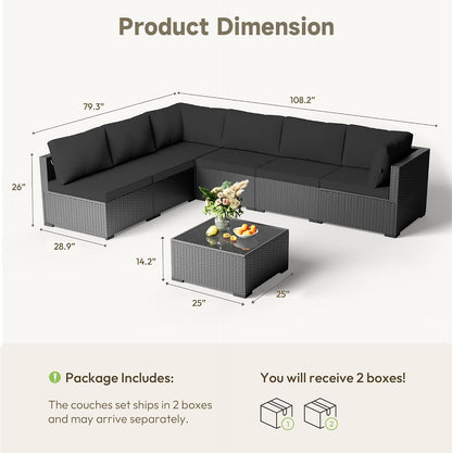 Patio Furniture Set - All-Weather - 7 Piece Patio Outdoor Conversation Set, Modular Wicker Rattan Sectional Sofa for Backyard, Garden, Poolside, Balcony, Porch, Patio,Black/Dark Gary7