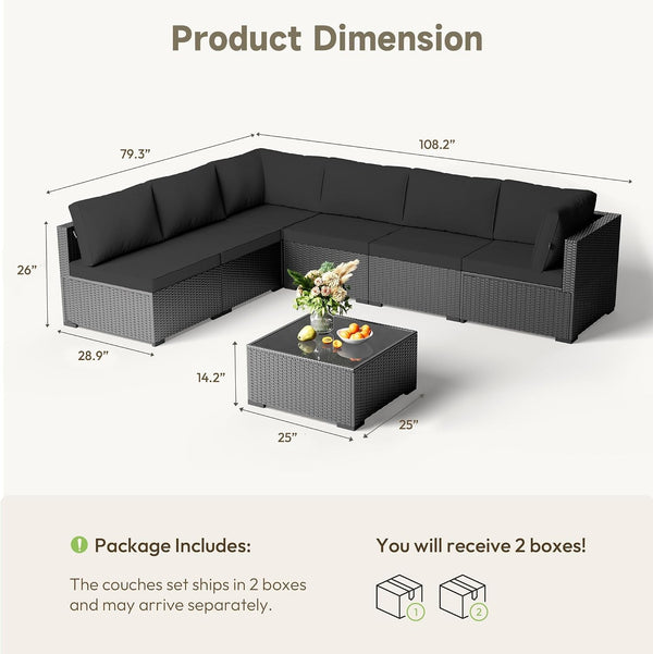 Patio Furniture Set - All-Weather - 7 Piece Patio Outdoor Conversation Set, Modular Wicker Rattan Sectional Sofa for Backyard, Garden, Poolside, Balcony, Porch, Patio,Black/Dark Gary7