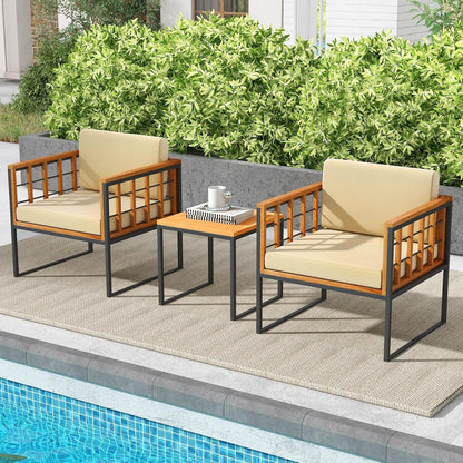 3 Pieces Patio Chair Set, Acacia Wood Outdoor Sofa Set with Metal Support, Soft Seat & Back Cushions Included, Cushioned Bistro Set for Balcony, Porch, Backyard (Beige)3