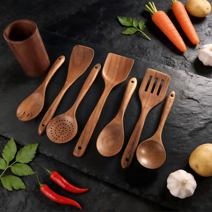Wooden Spoons for Cooking - 8-Piece Wooden Kitchen Utensil Set Made of Natural Solid Wood Material-Includes Spoons,Spatulas,Ladles,Mixing Spoon and Utensil Holder,Valentine'S Day Gifts2