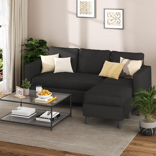 L Shaped Sectional Sofa Couch,Convertible Modular Sofas with Movable Ottoman,3-Seat Upholstered Corduroy Couch,Small Couches for Living Room,Apartment,Office(Black)7