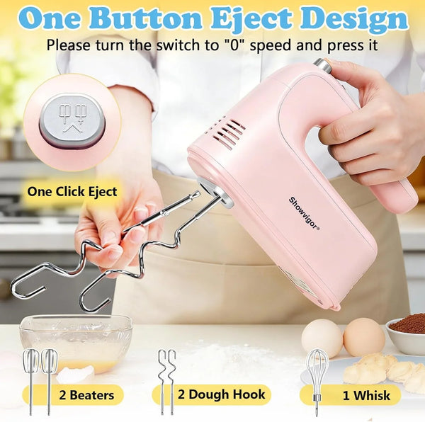 Electric Hand Mixer, 300W Handheld Mixer with 5 Stainless Steel Accessories, 5 Adjustable Speeds + Turbo Boost & Self-Control, One-Button Eject, Food Beater for Cakes, Eggs, Dough (Pink)5