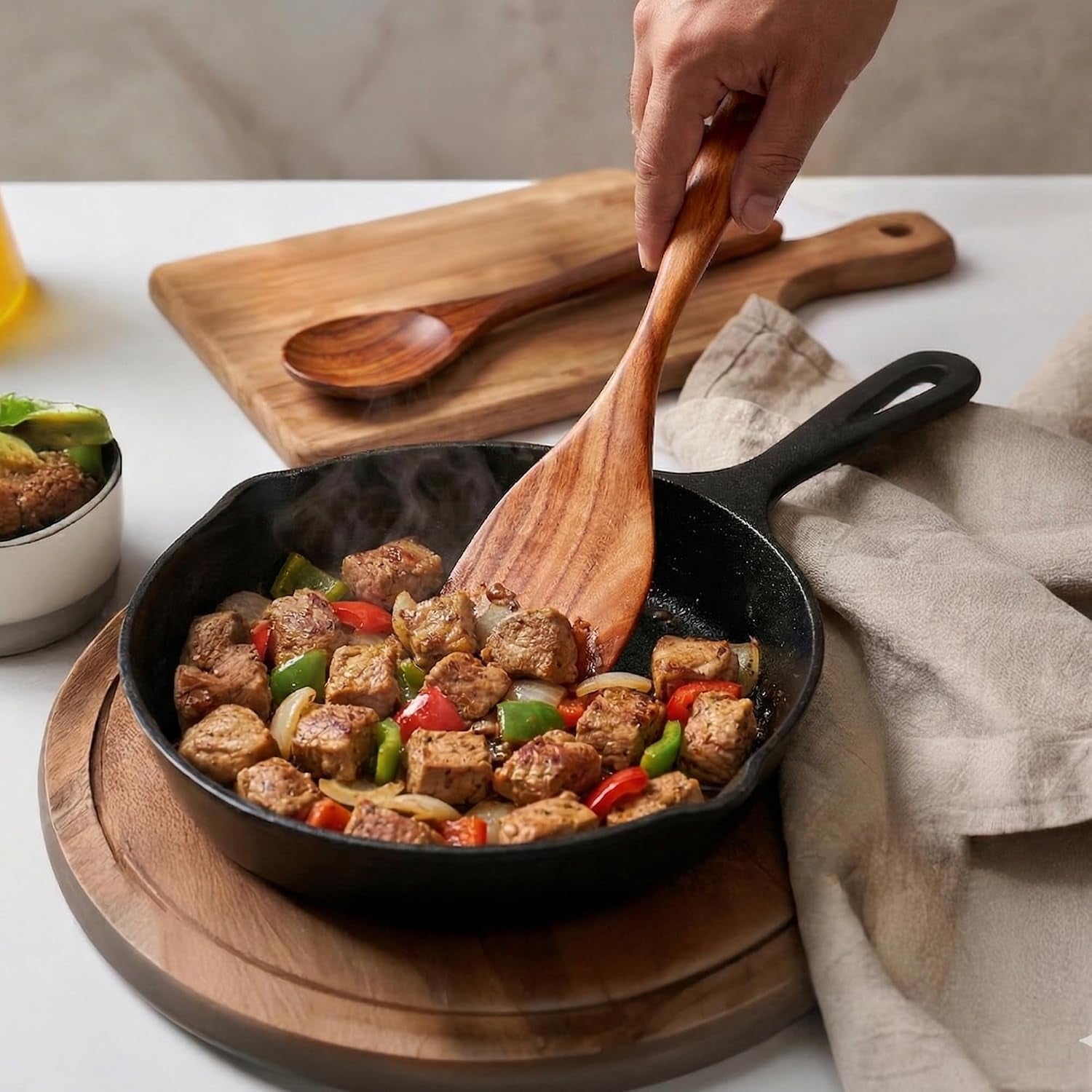 extra-large-6-piece-wooden-spoon-set-smooth-teak-cooking-utensils-comfort-grip-non-stick-turner-spatula-skimmer-fork-serving-spoon