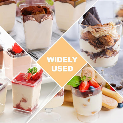 320-Pack Dessert Cups with Spoons 5 Oz Mini Plastic Dessert Cups for Party Yogurt Parfait Jello Fruit Appetizer Cocktail Small Clear Reusable Square and round Goblet-Shaped Dessert Bowls Shot Glasses2