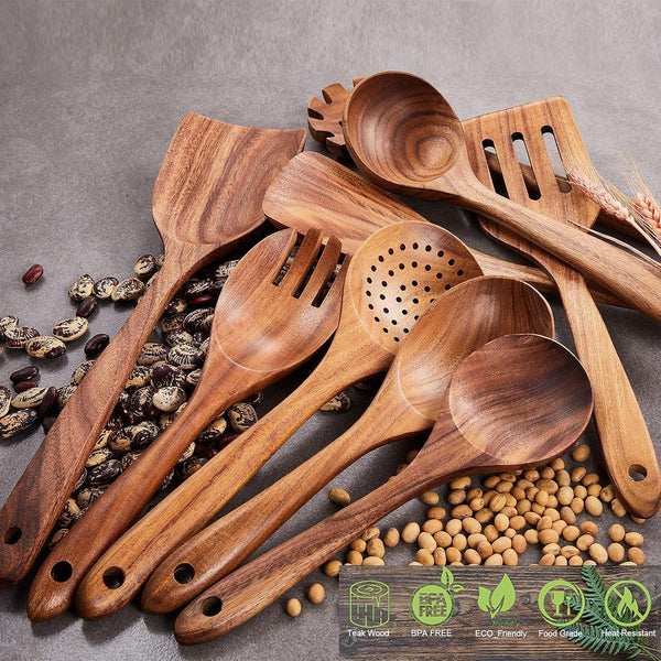 Wooden Kitchen Utensils Set, 9 PCE Natural Teak Wooden Spoons for Non-Stick Pan for Cooking,6