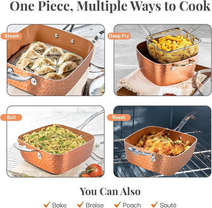 Nonstick Square Deep Frying Pan, 9.5” Large Cooking Pan with Ceramic Nonstick Coating, Deep Fryer Pot with Basket, 4 Pc Titanium Ceramic with Lid, Basket & Steamer Tray, Dishwasher Safe3