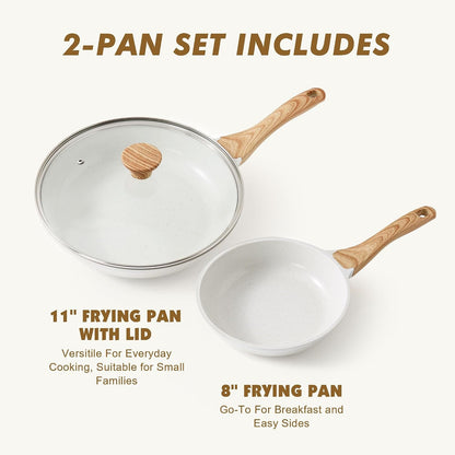 Ceramic Nonstick Frying Pan Skillets, White (8+11Inch with Lid) | Healthy Ceramic Nontoxic Coating, PTFE & PFAS Free. Compatible with All Stoves Including Induction Cooktops. Easy to Clean.3