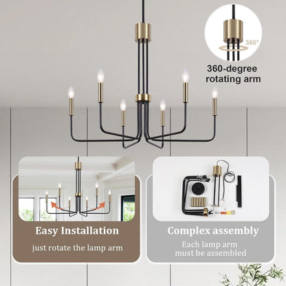 6-Light Black and Gold Chandelier Modern Chandeliers for Dining Room Candle Farmhouse Light Fixtures over Table Living Room Bedroom Kitchen Island Entryway Foyer Lighting Fixtures E123