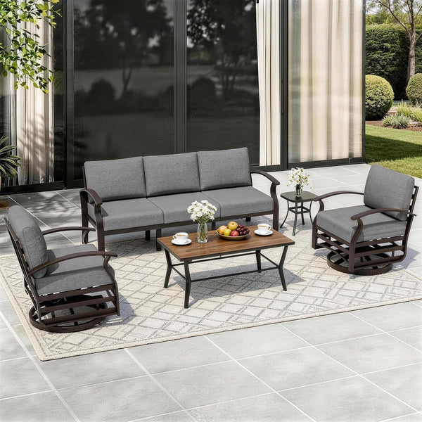 Aluminum Patio Furniture Set with Coffee Table Rectangular, 5-Seat Outdoor Sectional Furniture W/2 Swivel Chairs, Patio Conversation Set for Porch, Backyard, Poolside-Grey1